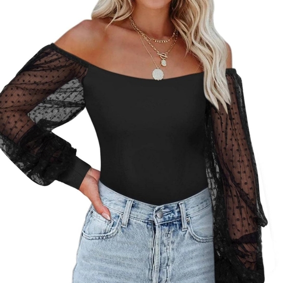 Women's Square Neck Long Sleeve Bodysuit Polka Dots Tops Sheer Basic Jumpsuit - Picture 2 of 7